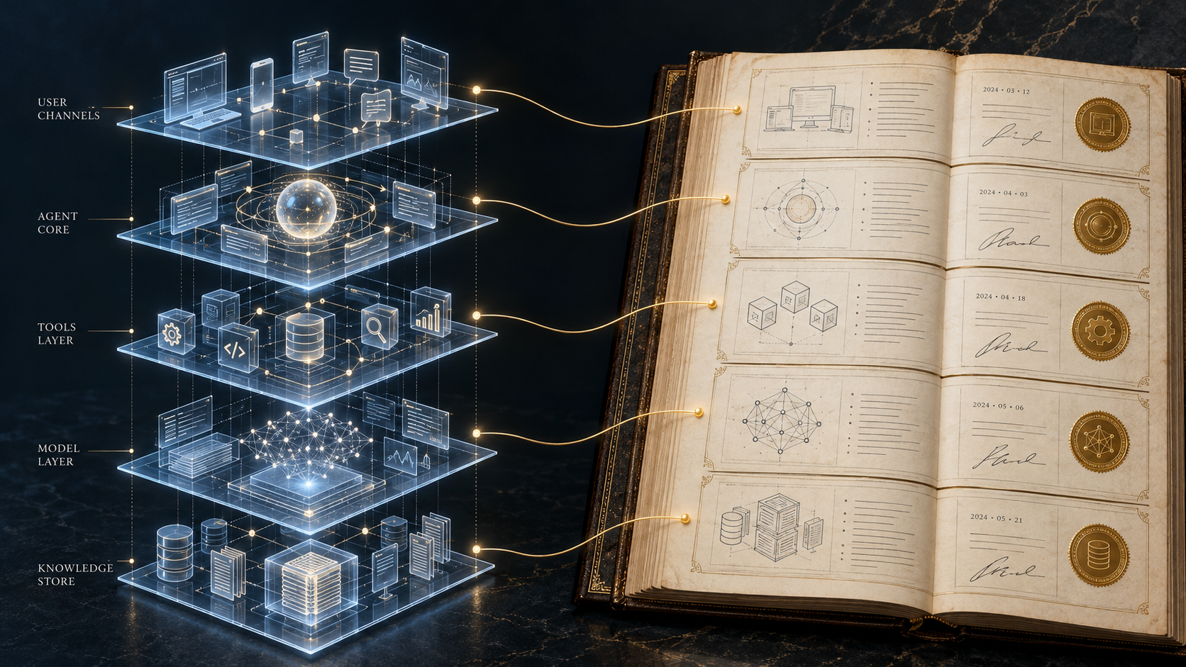 An AI system drawn as five glowing layers, each tied by a gold thread to a dated, signed page in an open ledger.