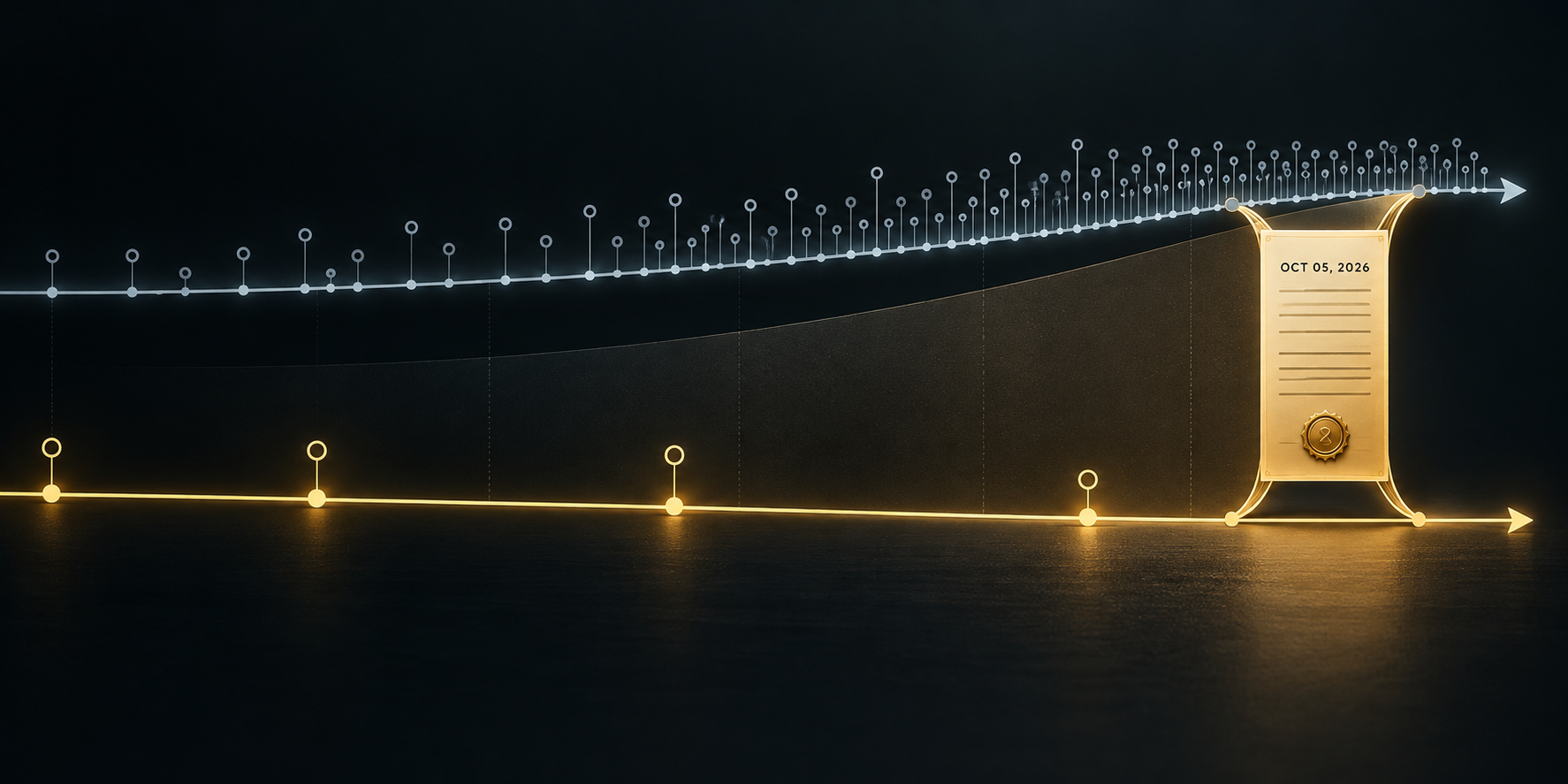 A fast architecture timeline and a slower governance timeline drifting apart, reconnected by a dated record.
