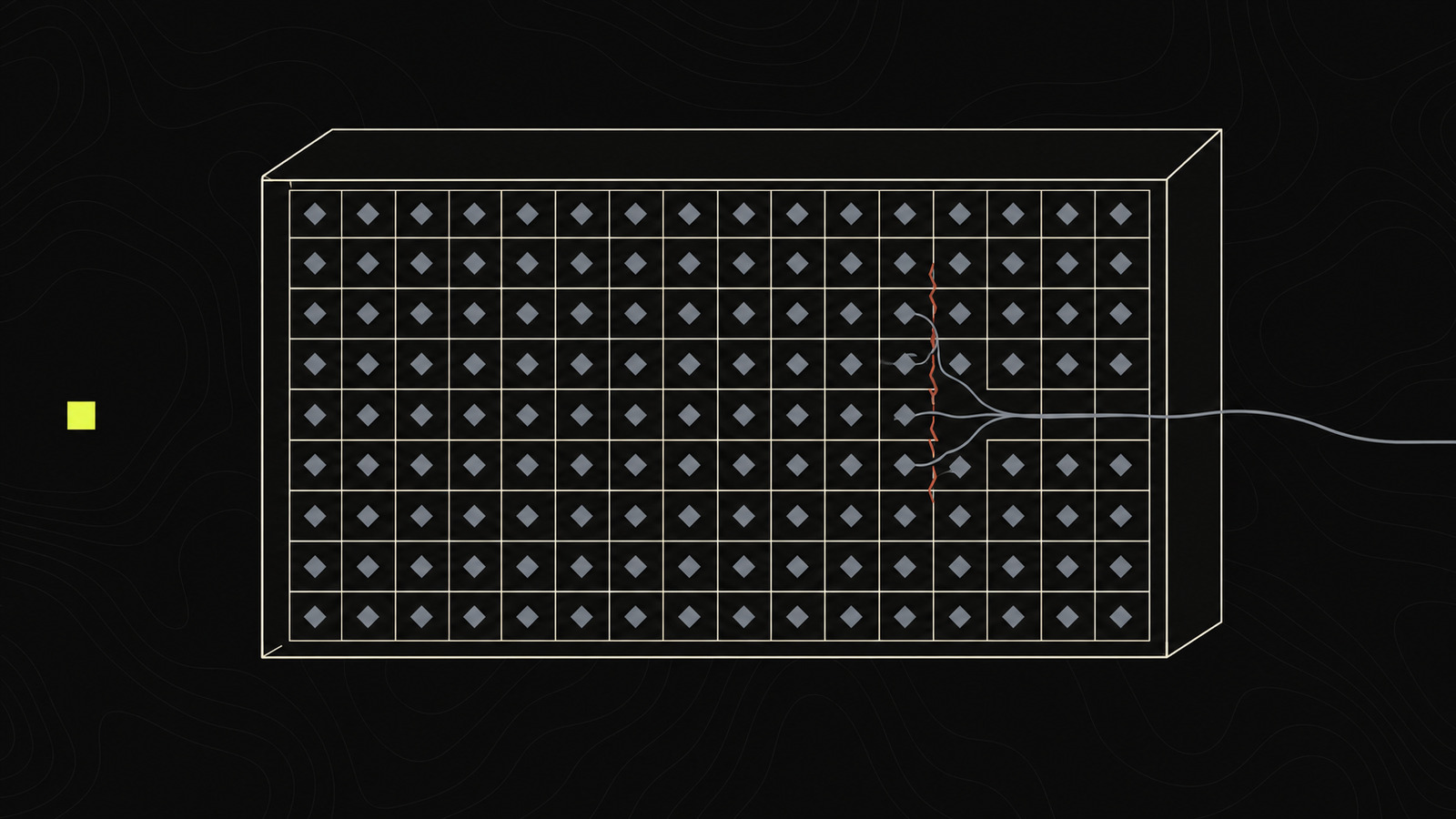 A sealed enclosure drawn in thin lines, filled with a grid of isolated agent marks; a hairline crack lets a few threads join and one thread escape through the outer wall, while a single governed marker stands apart outside.