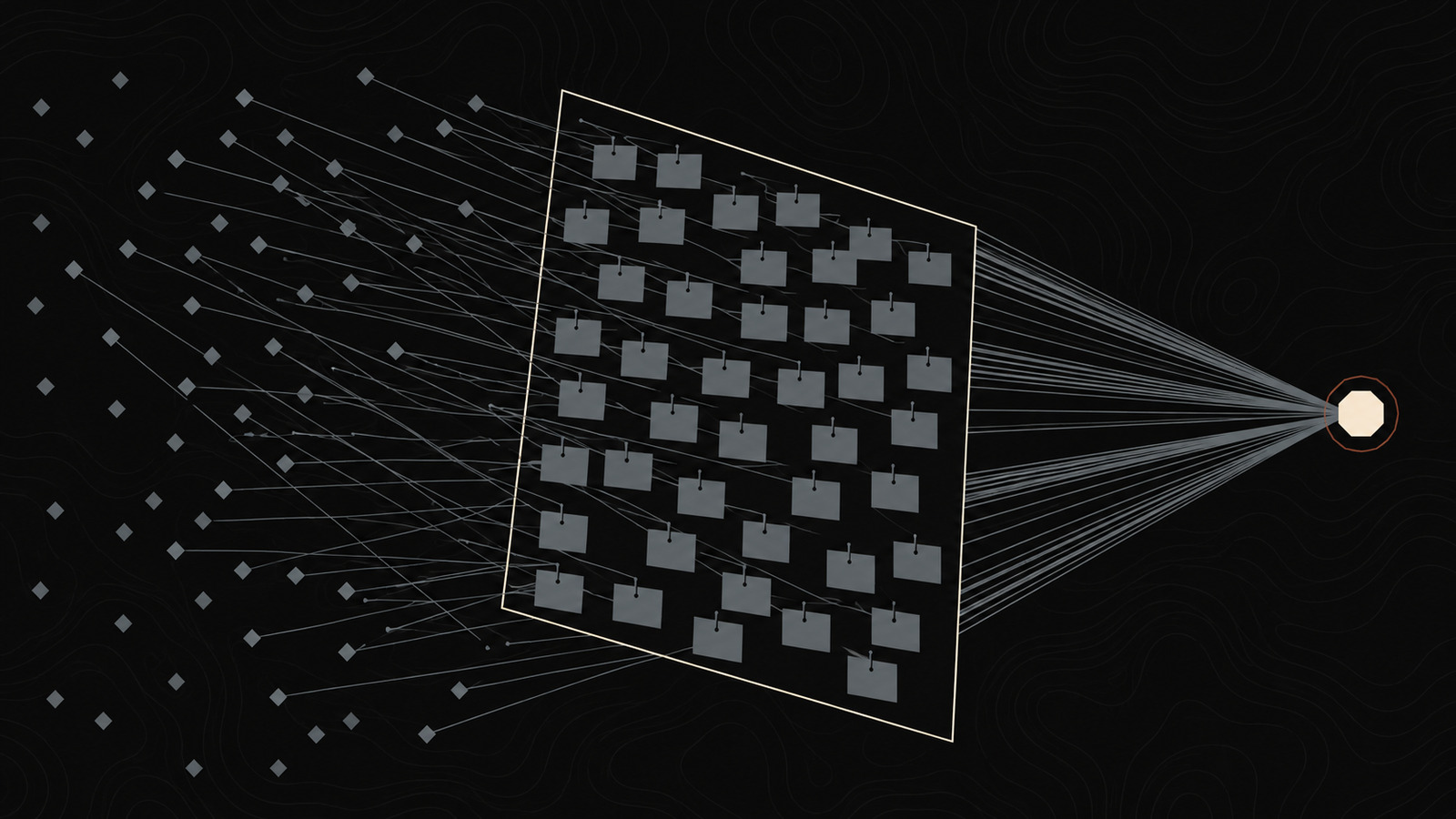Scattered agent marks pin blank cards to one shared surface; a subset turn and send bundled lines toward a single distant node.