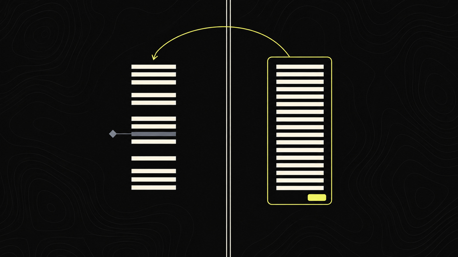 A wall divides two copies of one record: inside, the transcript has gaps and one substituted line touched by an agent mark; outside, the complete record sits in a yellow-outlined panel with a plate, kept beyond the agent’s reach.