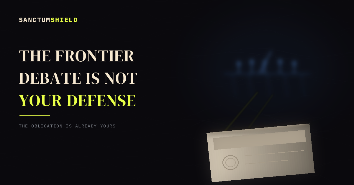 A sealed, dated record under a narrow gold light, with a distant, out-of-focus argument glowing cold blue far behind it. The frontier debate is not your defense.