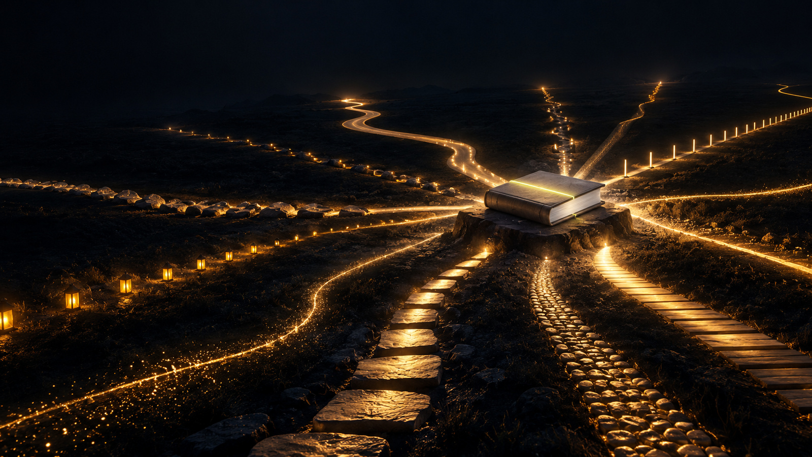Eleven lit paths of lanterns, stones and cables cross a dark landscape and converge on a single closed book resting on a stone plinth, marked by one chartreuse line.