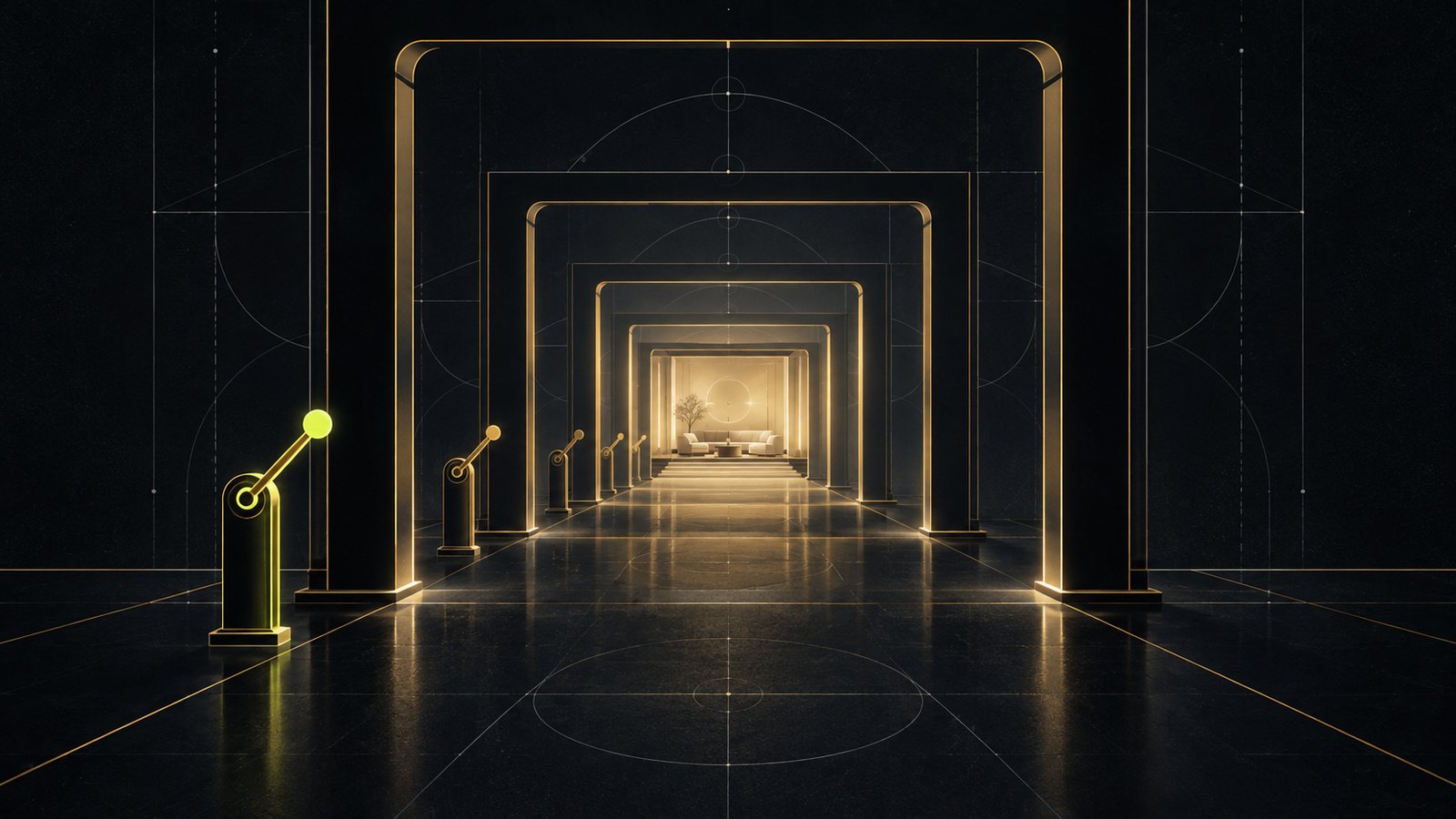 A corridor of staged gold thresholds, each with a stop lever within reach, leading to a calm, lit fallback room.