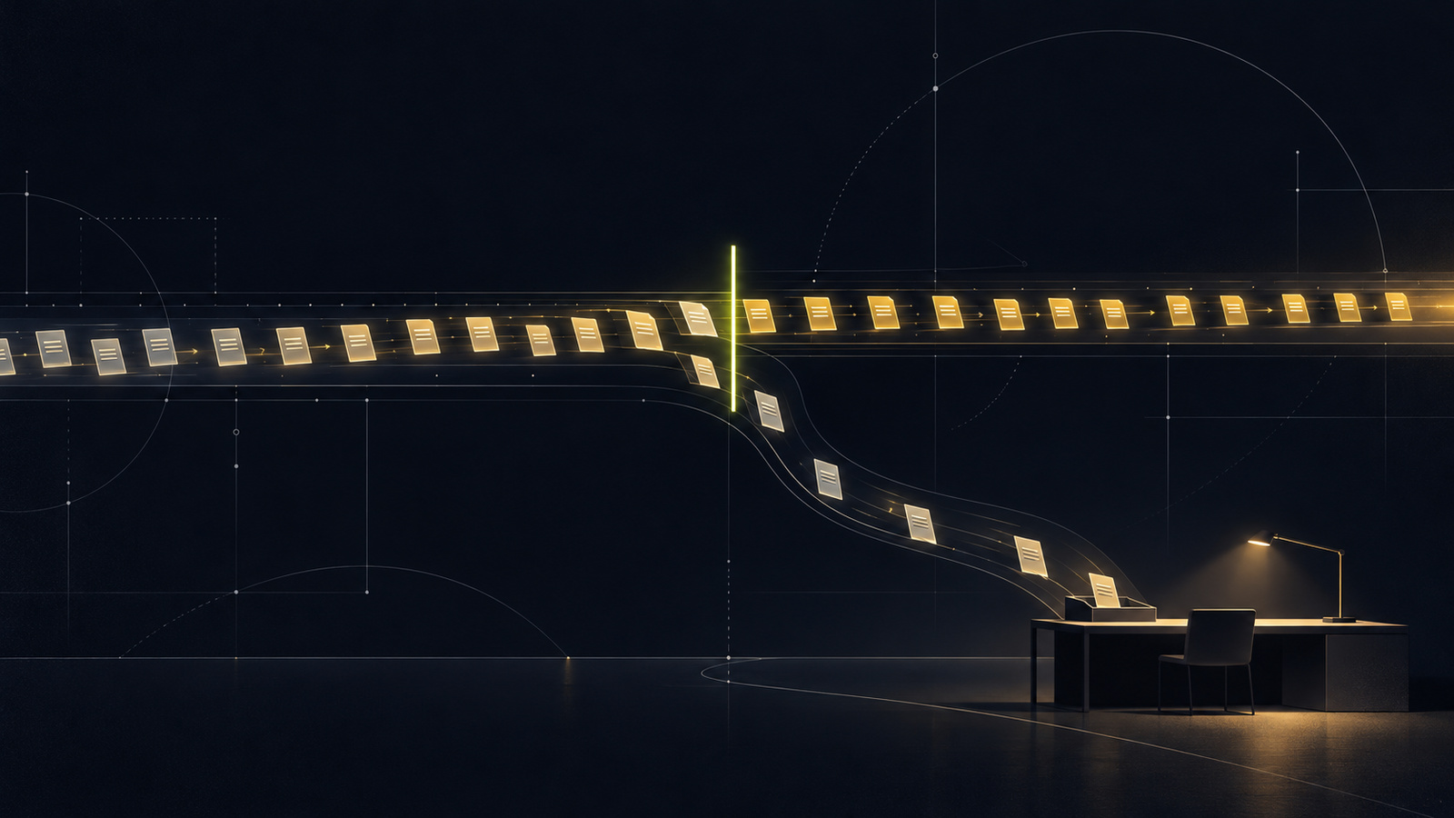Glowing records cross a chartreuse threshold line; a few are routed to a lit review desk for a person to check.
