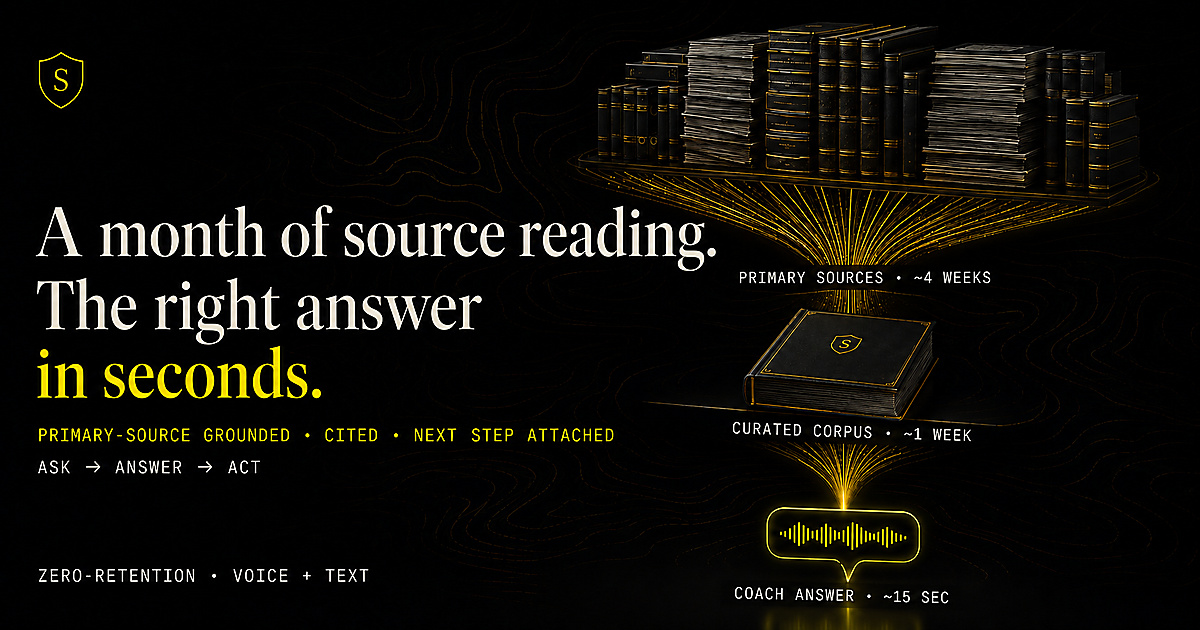 A month of source reading. The right answer in seconds. SanctumShield distills primary sources (~4 weeks of reading) into a curated corpus (~1 week), and the Coach returns a cited answer in ~15 seconds. Grounded, cited, zero-retention, voice and text.