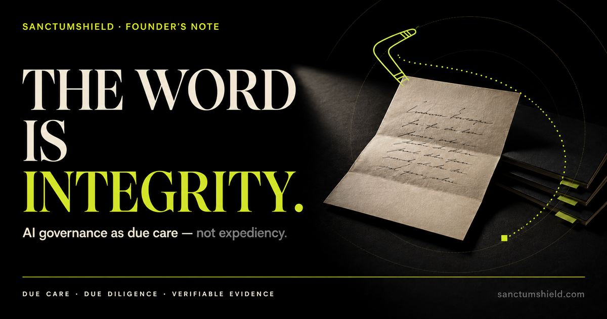 Dark SanctumShield brand card reading 'The word is integrity — AI governance as due care, not expediency,' with a handwritten folded letter and a chartreuse boomerang tracing a return arc. Footer: due care, due diligence, verifiable evidence.