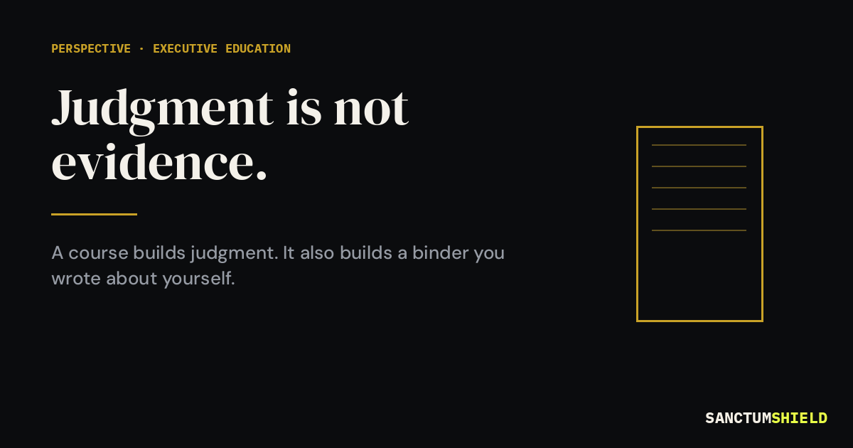 Judgment vs. evidence: a workshop-built AI-governance playbook is self-attested; a verifiable artifact is what a board, auditor, or underwriter can independently confirm.