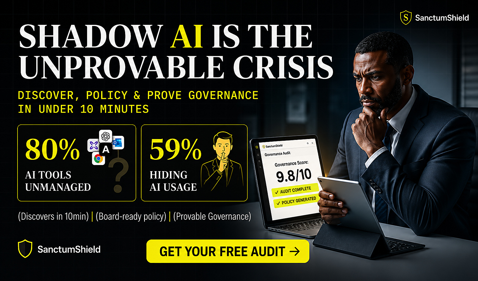 Three numbers framing the Shadow AI crisis: 80%+ unmanaged AI (Zluri 2025), 59% of employees hiding AI from IT (Cybernews 2025), 89% YoY increase in AI-enabled attacks (CrowdStrike 2026).